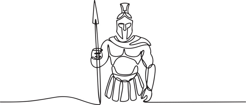 Continuous single line sketch drawing of knight warrior sparta armor protection. one line art icon drawing vector