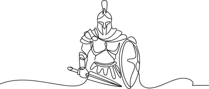 Continuous single line sketch drawing of knight warrior sparta armor protection. one line art icon drawing vector