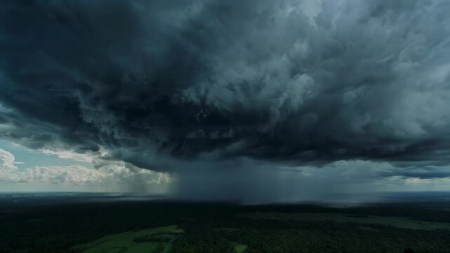 Dark storm clouds unleash rain over a vast, dark green landscape