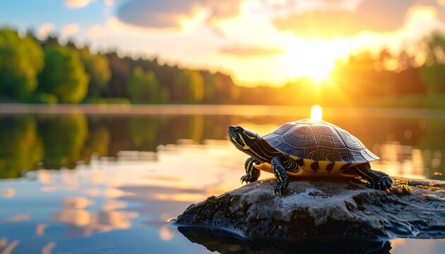 Turtle Basking on Rock by Calm Lake at Sunset