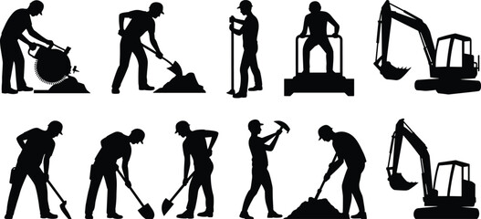 Construction worker silhouette set, builders digging with shovel and pickaxe, road cutting machine and excavator equipment, industrial labor vector illustration isolated on white background © SREECHNA
