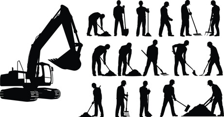 Construction worker silhouettes collection with excavator machine, builders digging and raking with shovel tools, heavy equipment industrial vector illustration isolated on white background © SREECHNA