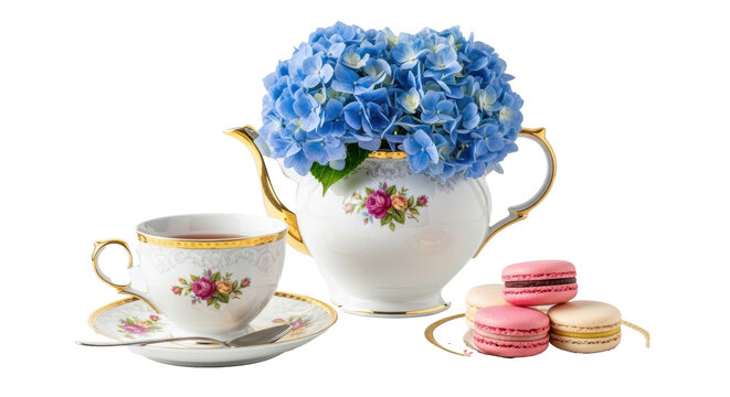 An elegant white porcelain teapot with pink roses, gold trim, overflowing blue hydrangeas, matching teacup, saucer, silver spoon, and pastel macarons on a white background, concept of refined luxury