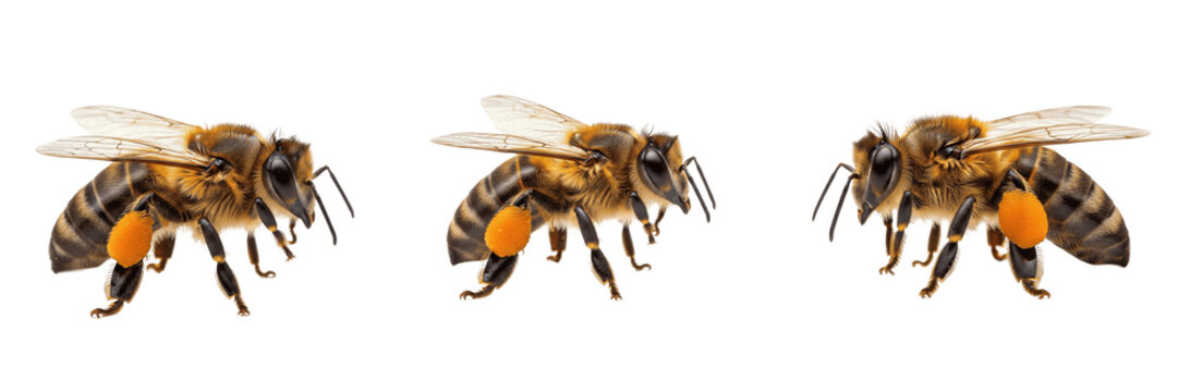Honey Bee Collection: Realistic Worker Bees with Pollen Baskets for Nature Education, Organic Honey Branding, and Biodiversity Conservation Graphics.