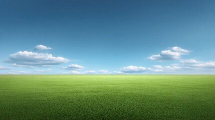 Fototapeta premium Vast Green Field Under a Clear Blue Sky with Soft White Clouds and a Serene Atmosphere Perfect for Nature and Landscape Themes