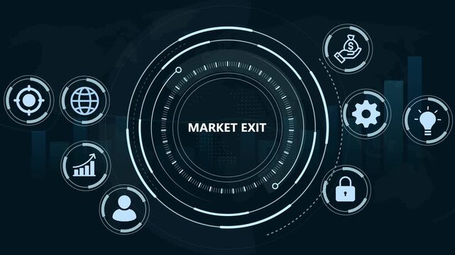 Market exit web banner icon concept.Blue technology business concept background.