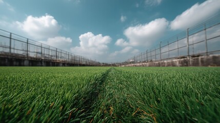 Serene Green Grass Field Under Blue Sky with White Clouds and Fence in Background Captured from Low Angle Perspective