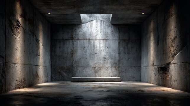 Industrial concrete wall with metal texture, scratches, and spotlight creating a dark minimalist bunker background.