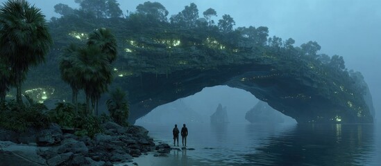 Island archway, figures on beach, palm trees, lit structures, misty ocean scenery