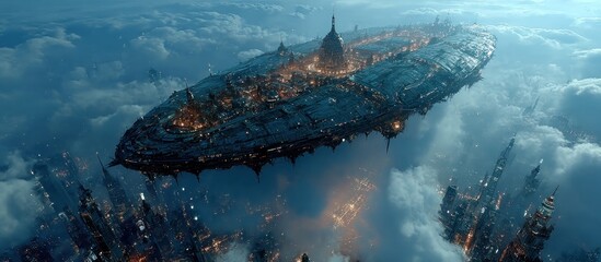 A sprawling city in the clouds, illuminated at dusk, amidst a sea of white