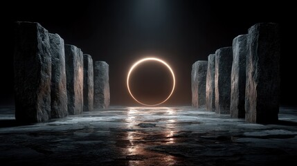 Stones flank a glowing ring; reflection on wet floor, dark, mysterious