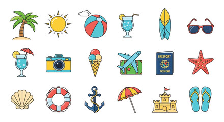 Colorful summer vacation icons depicting beach elements and travel accessories © UrbanVisuals