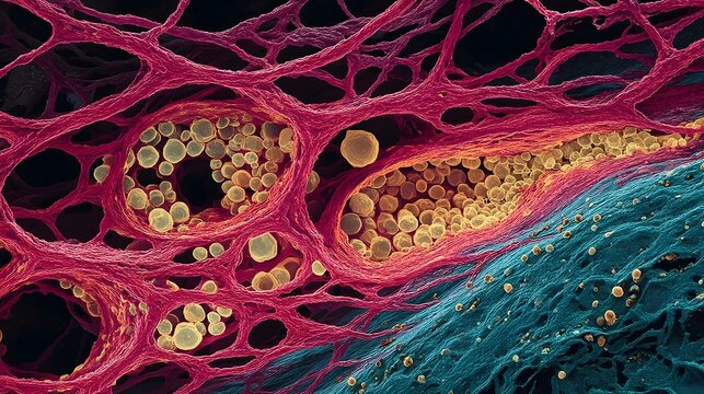 A highly magnified and detailed micrographic view of the intricate network of cells vessels and organic structures found within a complex biological system