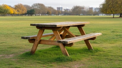 Wooden Picnic Table in an Open Park Setting Surrounded by Lush Green Grass and Trees Under a Bright Blue Sky, Ideal for Outdoor Gatherings and Relaxation