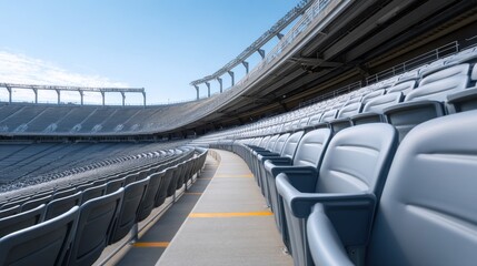 Naklejka premium Modern Empty Stadium Seating Rows Under Blue Sky with Bright Light and Clear Atmosphere for Sports and Events Photography Needs