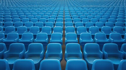 Obraz premium Blue Plastic Chairs Arranged in Rows at an Outdoor Sports Venue, Empty Seating, Symmetrical Design, Modern Stadium Aesthetic, Sunny Day, Clear Sky