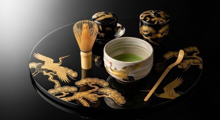 Premium Matcha in Traditional Japanese Tea Ceremony Setting with Lacquerware Background