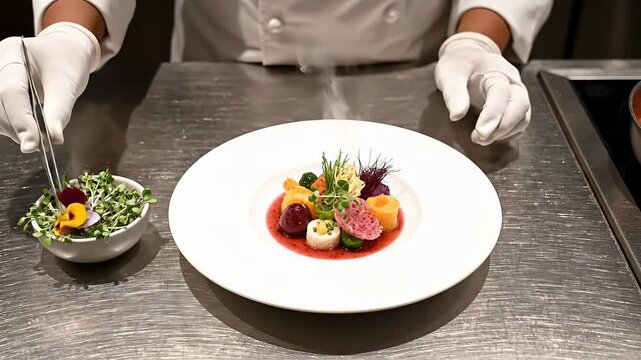 A skilled chef meticulously garnishes a vibrant, gourmet dish with delicate tweezers, showcasing culinary artistry and precision in a professional kitchen setting, preparing a visually stunning fine .