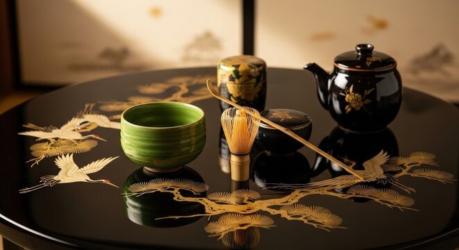 Luxury Japanese Matcha Tea Ceremony Set with Lacquerware and Traditional Tea Utensils, High-Resolution Image for Inbound Tourism Promotion