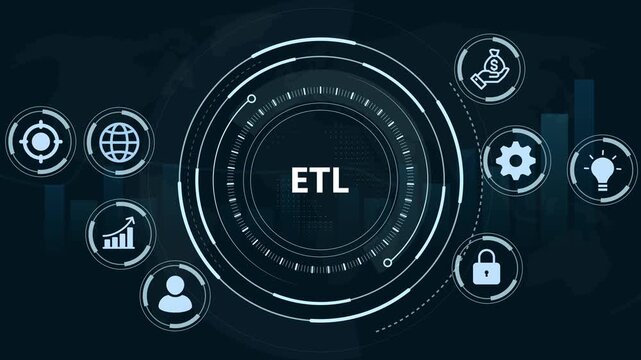 ETL (Extract, Transform, Load) tool process concept.Extract, Transform, Load, Data, Integration, Pipeline, Cleansing, Mapping, Automation.