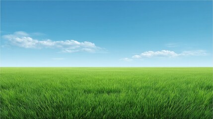 Lush Green Meadow with Clear Blue Sky and Soft Clouds in Beautiful Spring Landscape Ideal for Nature Lovers and Outdoor Enthusiasts