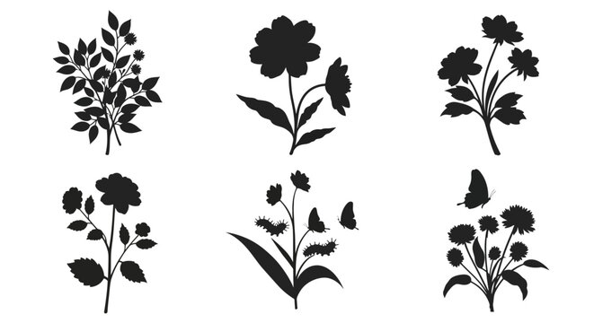 Black silhouettes of various flowering plants and leafy branches