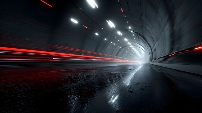 A long dark tunnel illuminated by bright lights creating a sense of speed and movement as vehicles travel through it at high velocity