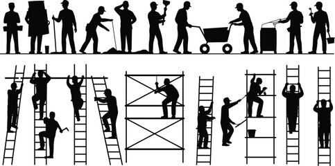 Construction worker silhouettes using ladders and scaffolding with tools and equipment, builders performing maintenance and industrial tasks vector illustration isolated on white background