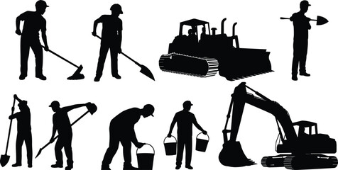 Construction worker silhouettes with bulldozer and excavator, builders using shovel and pickaxe tools, heavy machinery and manual labor vector illustration isolated on white background © SREECHNA