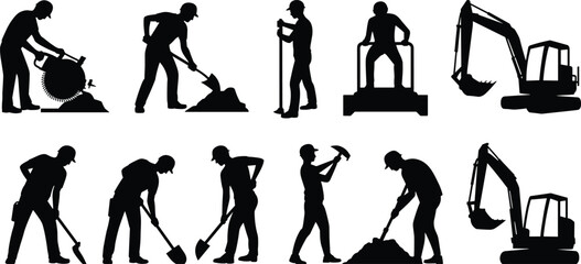 Construction worker silhouettes with excavator and road cutter machine, builders digging using shovel and pickaxe tools, industrial engineering vector illustration isolated on white background © SREECHNA