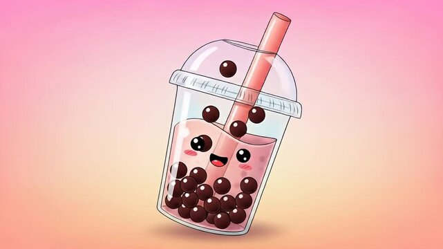 Cute cartoon style boba tea with a smile on a pink and peach gradient background