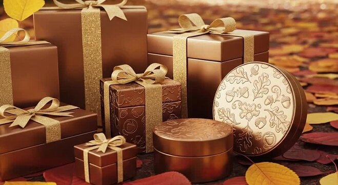 A collection of elegant bronze and gold gift boxes with shimmering ribbons and bows sits among colorful autumn leaves