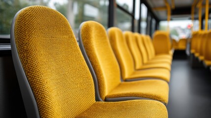 Fototapeta premium Bright Yellow Seats in a Modern Public Transport Bus Interior with Empty Rows for Passengers During a Quiet Day in the City