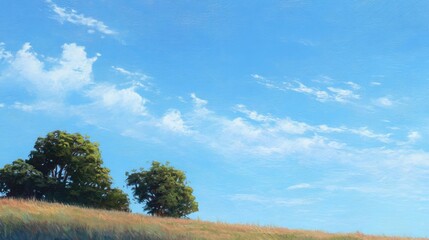 Obraz premium Serene Landscape with Lush Green Trees Under Bright Blue Sky and Soft White Clouds Invoking Tranquility and Peacefulness in Nature's Embrace