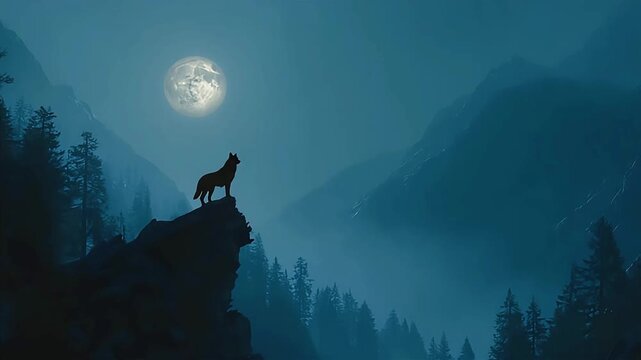 A lone wolf howls under a full moon, evoking mystery and freedom in a serene mountain landscape.