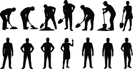 Construction workers digging with shovels and standing silhouettes collection, industrial labor and building site activity concept vector illustration isolated on white background © SREECHNA
