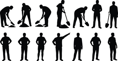 Construction workers digging with shovel and standing silhouettes set, industrial labor and building site concept vector illustration isolated on white background © SREECHNA