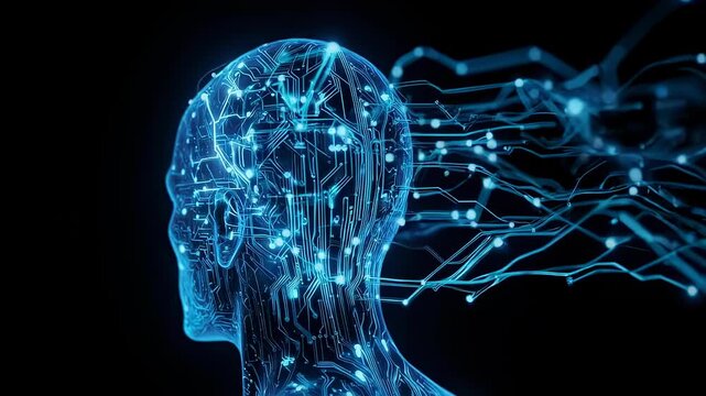 Electric blue circuitry forms a profile, abstractly representing a mind