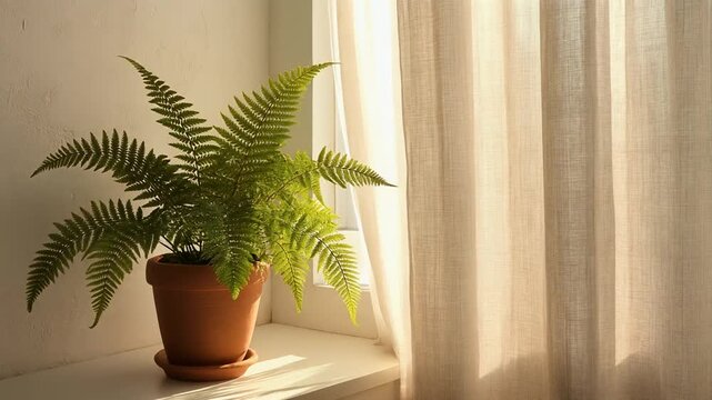 Green Fern Plant In Terracotta Pot On Sunny Windowsill
