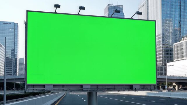 Empty green screen billboard on highway pole with city skyline backdrop under daylight