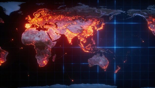 Futuristic animated global temperature map with expanding luminous heat zones for world meteorological day and global warming data visualization