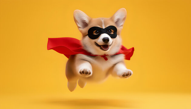 Happy Corgi Puppy Superhero Flying with Red Cape & Mask