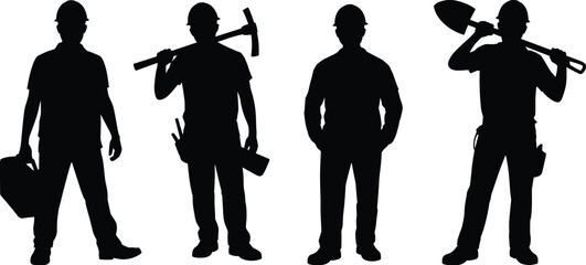 Construction workers with toolbox, pickaxe and shovel silhouettes set, industrial building maintenance and repair concept vector illustration isolated on white background © SREECHNA