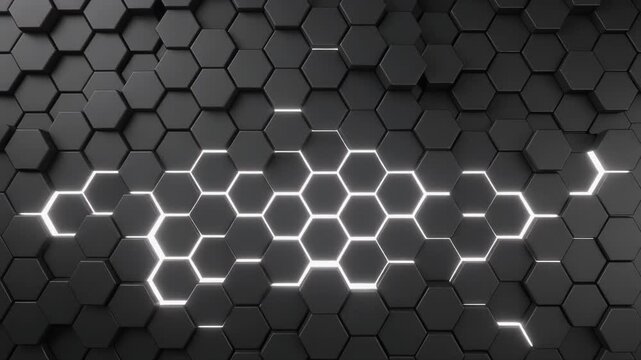 Abstract Black Hexagon Background With Glowing White Light
