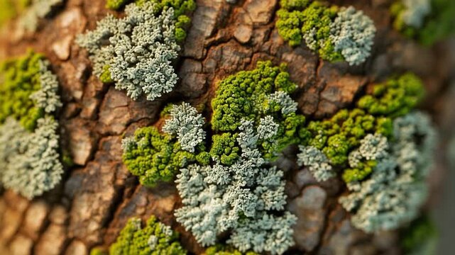 Close Up Texture Of Green Moss And Grey Lichen On Tree Bark