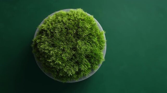 Top View Of Lush Green Moss In A Pot On Dark Green Background