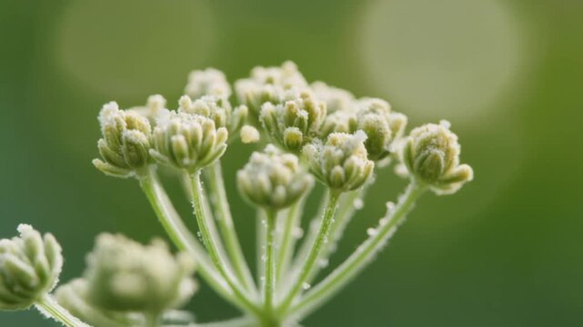 Macro Shot Of Frosted Flower Buds On Green Background
