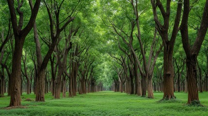 Fototapeta premium Lush Green Forest Pathway with Towering Trees and Dense Foliage Welcoming Nature Enthusiasts on a Bright Sunny Day in Tranquil Wilderness Setting