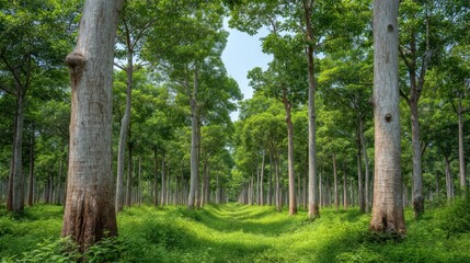 Obraz premium Lush Green Forest Landscape with Tall Trees and Sunlight Filtering Through the Foliage in a Calm Natural Environment