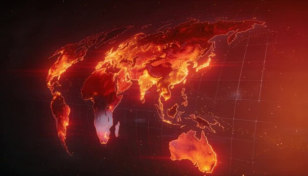 Futuristic animated global temperature map with expanding luminous heat zones for world meteorological day and global warming data visualization